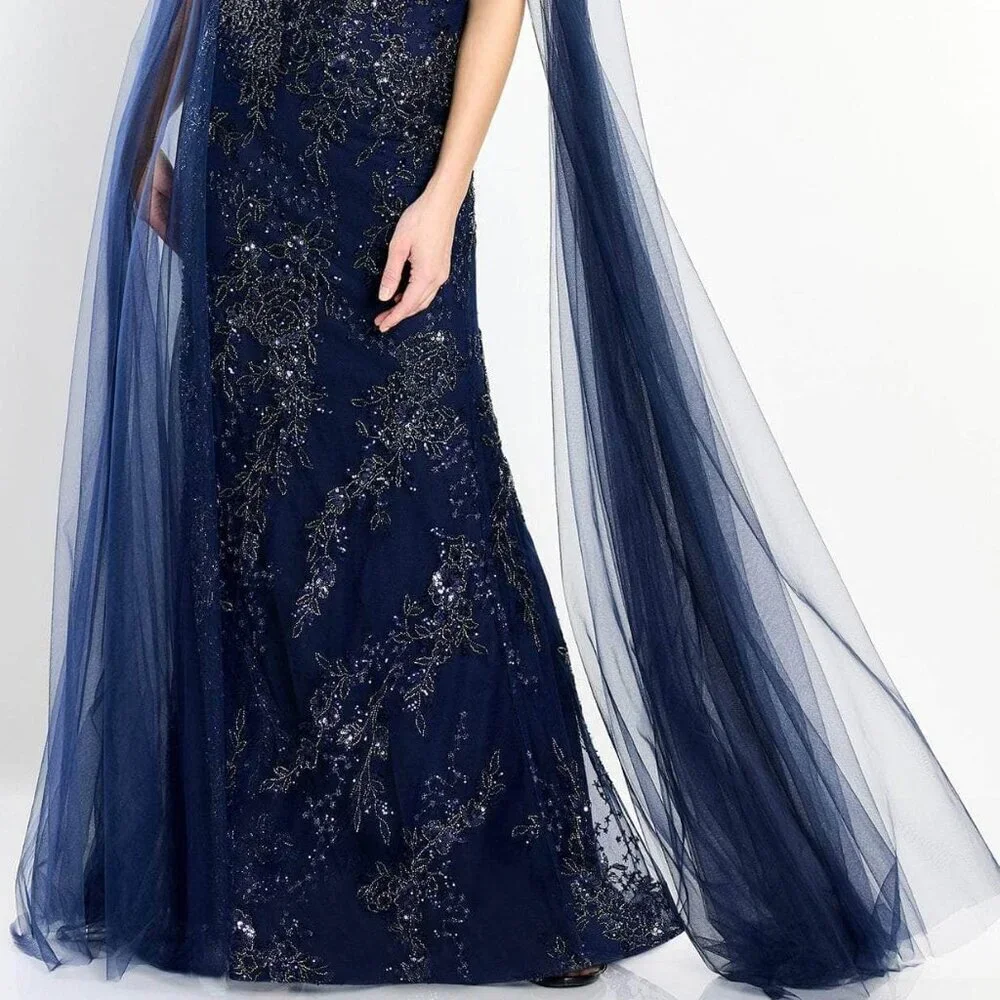 NWT Montage by Mon Cheri M2204 Beaded Applique Prom Dress Navy Size 14 - Picture 2 of 8